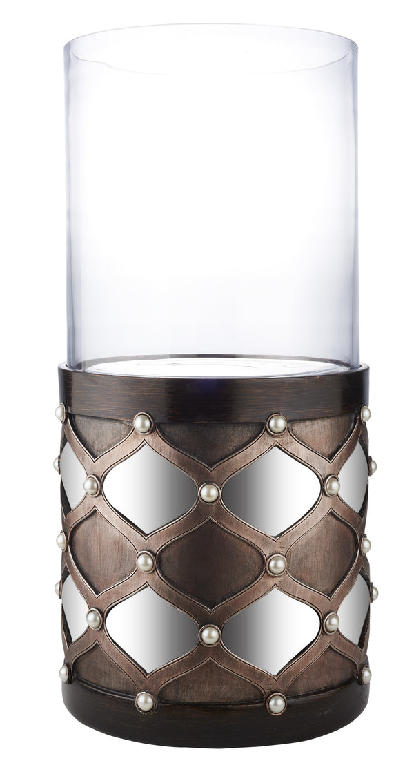 Homeroots 22" Bronze And Silver With Pearls Tabletop Hurricane Candle Holder   468842