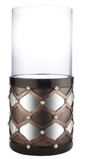 Homeroots 22" Bronze And Silver With Pearls Tabletop Hurricane Candle Holder   468842