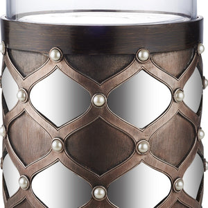 Homeroots 22" Bronze And Silver With Pearls Tabletop Hurricane Candle Holder   468842