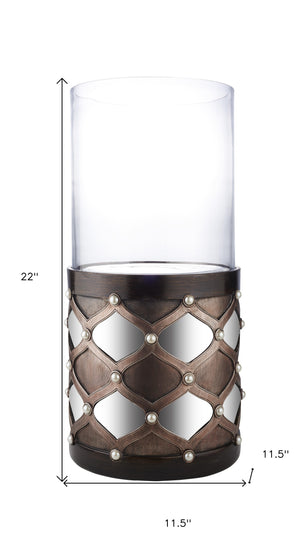 Homeroots 22" Bronze And Silver With Pearls Tabletop Hurricane Candle Holder   468842