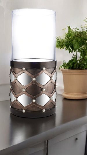 Homeroots 22" Bronze And Silver With Pearls Tabletop Hurricane Candle Holder   468842