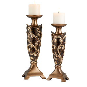 Homeroots Set Of Two Brown And Gold Polyresin Floral Centerpiece Pillar Candle Holders With Candle   468843