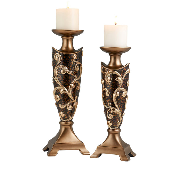 Homeroots Set Of Two Brown And Gold Polyresin Floral Centerpiece Pillar Candle Holders With Candle   468843