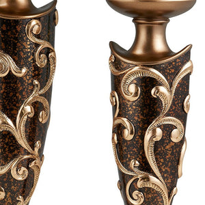 Homeroots Set Of Two Brown And Gold Polyresin Floral Centerpiece Pillar Candle Holders With Candle   468843
