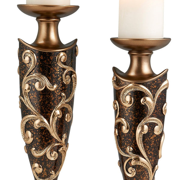 Homeroots Set Of Two Brown And Gold Polyresin Floral Centerpiece Pillar Candle Holders With Candle   468843
