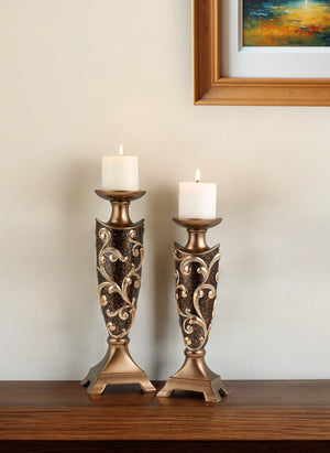 Homeroots Set Of Two Brown And Gold Polyresin Floral Centerpiece Pillar Candle Holders With Candle   468843
