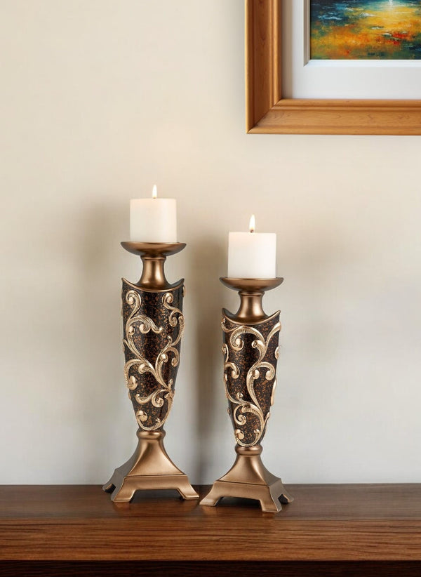 Homeroots Set Of Two Brown And Gold Polyresin Floral Centerpiece Pillar Candle Holders With Candle   468843