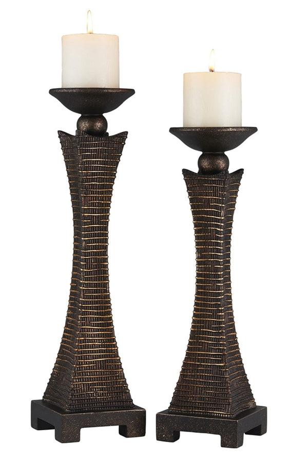 Homeroots Set Of Two Bronze Polyresin Woven Tabletop Pillar Candle Holders With Candle   468845