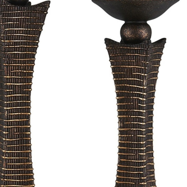 Homeroots Set Of Two Bronze Polyresin Woven Tabletop Pillar Candle Holders With Candle   468845