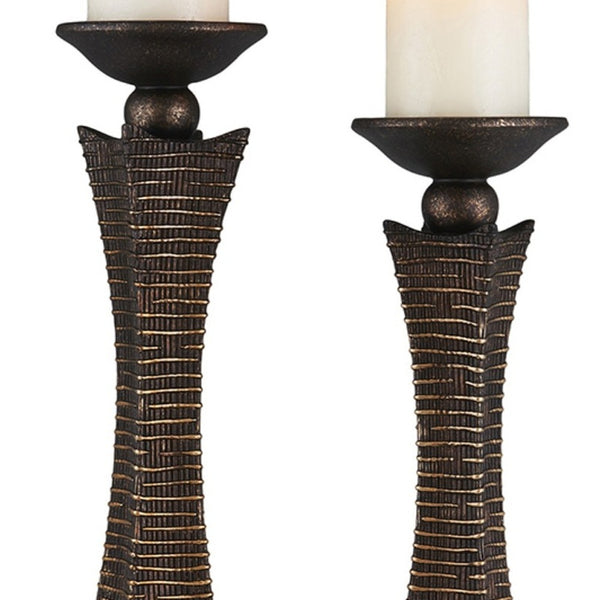 Homeroots Set Of Two Bronze Polyresin Woven Tabletop Pillar Candle Holders With Candle   468845