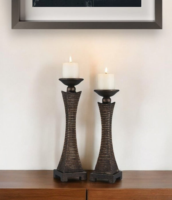Homeroots Set Of Two Bronze Polyresin Woven Tabletop Pillar Candle Holders With Candle   468845