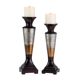 Homeroots Set Of Two Espresso Silver And Gold Polyresin Striped Centerpiece Pillar Candle Holders With Candle   468846