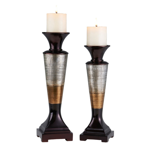 Homeroots Set Of Two Espresso Silver And Gold Polyresin Striped Centerpiece Pillar Candle Holders With Candle   468846