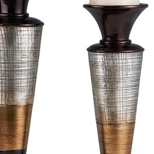 Homeroots Set Of Two Espresso Silver And Gold Polyresin Striped Centerpiece Pillar Candle Holders With Candle   468846