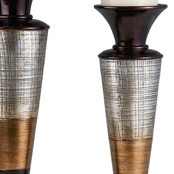 Homeroots Set Of Two Espresso Silver And Gold Polyresin Striped Centerpiece Pillar Candle Holders With Candle   468846