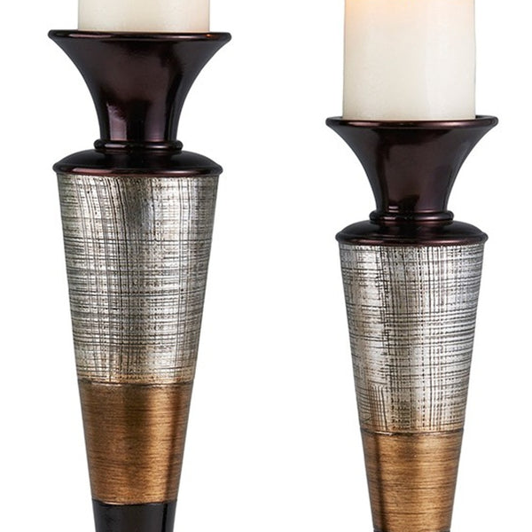 Homeroots Set Of Two Espresso Silver And Gold Polyresin Striped Centerpiece Pillar Candle Holders With Candle   468846