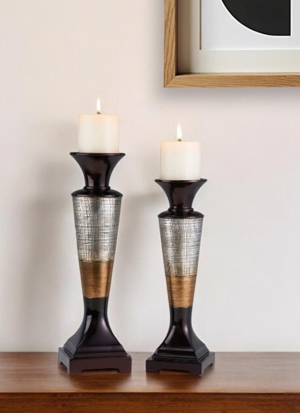 Homeroots Set Of Two Espresso Silver And Gold Polyresin Striped Centerpiece Pillar Candle Holders With Candle   468846