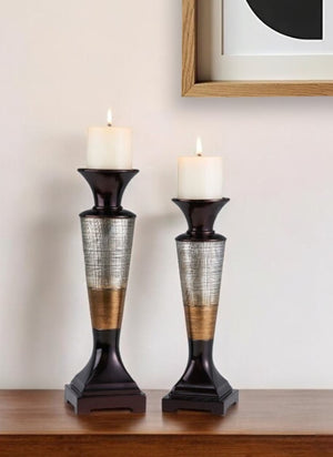 Homeroots Set Of Two Espresso Silver And Gold Polyresin Striped Centerpiece Pillar Candle Holders With Candle   468846