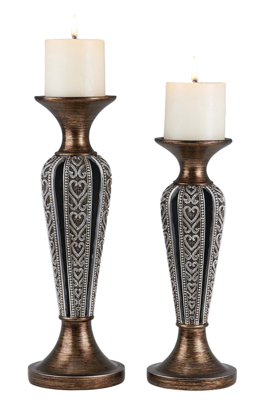 Homeroots Set Of Two Bronze And Silver Polyresin Hearts Centerpiece Pillar Candle Holders With Candle   468848