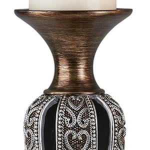 Homeroots Set Of Two Bronze And Silver Polyresin Hearts Centerpiece Pillar Candle Holders With Candle   468848