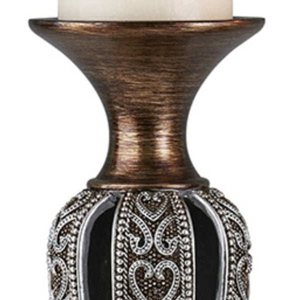 Homeroots Set Of Two Bronze And Silver Polyresin Hearts Centerpiece Pillar Candle Holders With Candle   468848