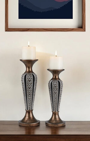 Homeroots Set Of Two Bronze And Silver Polyresin Hearts Centerpiece Pillar Candle Holders With Candle   468848
