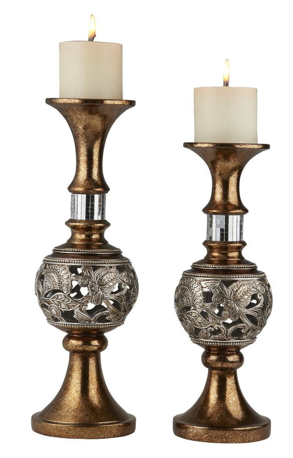 Homeroots Set Of Two Gold And Silver Polyresin Filigree Centerpiece Pillar Candle Holders With Candle   468849