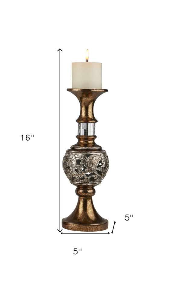 Homeroots Set Of Two Gold And Silver Polyresin Filigree Centerpiece Pillar Candle Holders With Candle   468849