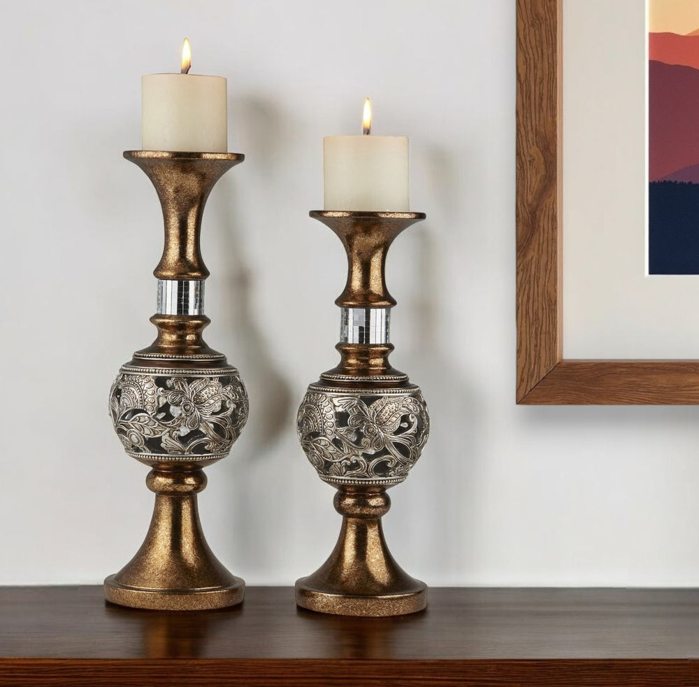 Homeroots Set Of Two Gold And Silver Polyresin Filigree Centerpiece Pillar Candle Holders With Candle   468849