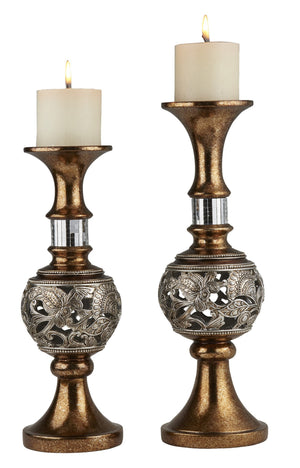 Homeroots Set Of Two Gold And Silver Polyresin Filigree Centerpiece Pillar Candle Holders With Candle   468849