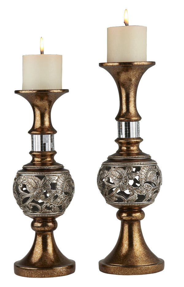 Homeroots Set Of Two Gold And Silver Polyresin Filigree Centerpiece Pillar Candle Holders With Candle   468849