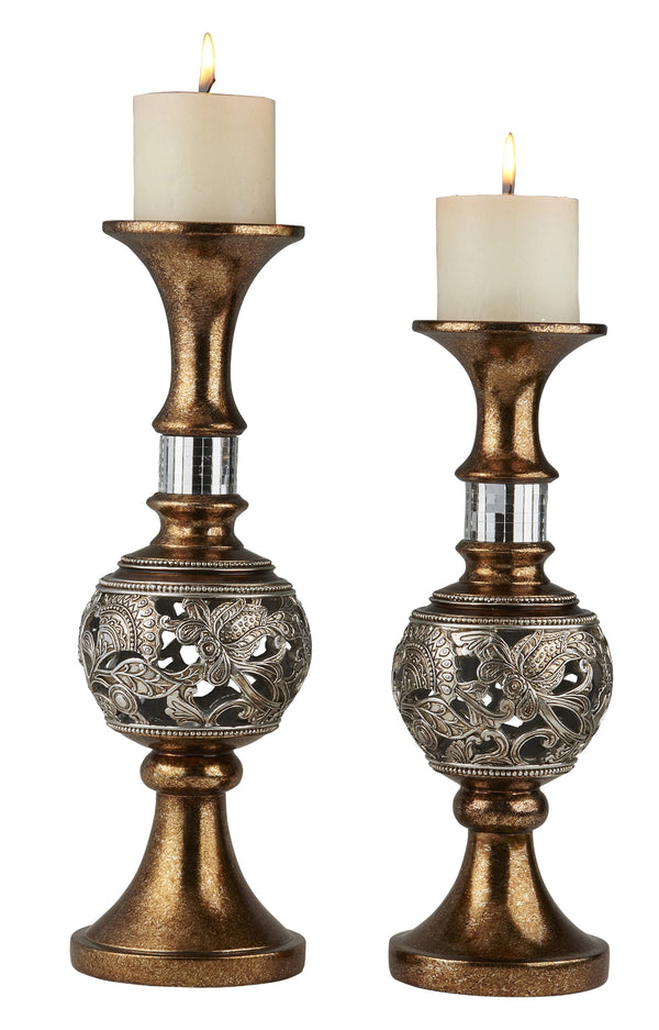 Homeroots Set Of Two Gold And Silver Polyresin Filigree Centerpiece Pillar Candle Holders With Candle   468849