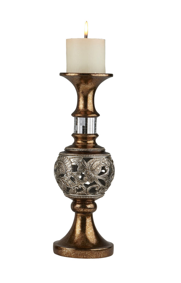 Homeroots Set Of Two Gold And Silver Polyresin Filigree Centerpiece Pillar Candle Holders With Candle   468849