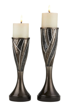 Homeroots Set Of Two Black Silver And Bronze Polyresin Abstract Centerpiece Pillar Candle Holders With Candle   468851