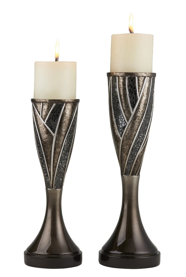 Homeroots Set Of Two Black Silver And Bronze Polyresin Abstract Centerpiece Pillar Candle Holders With Candle   468851
