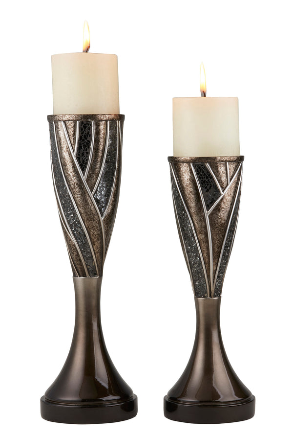 Homeroots Set Of Two Black Silver And Bronze Polyresin Abstract Centerpiece Pillar Candle Holders With Candle   468851
