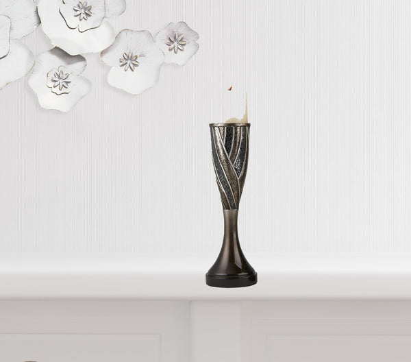 Homeroots Set Of Two Black Silver And Bronze Polyresin Abstract Centerpiece Pillar Candle Holders With Candle   468851
