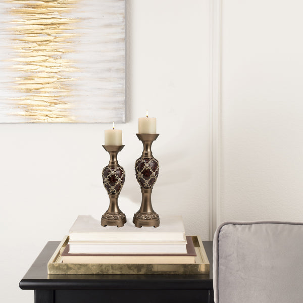 Homeroots Set Of Two Gold Pillar Tabletop Pillar Candle Holders   468854