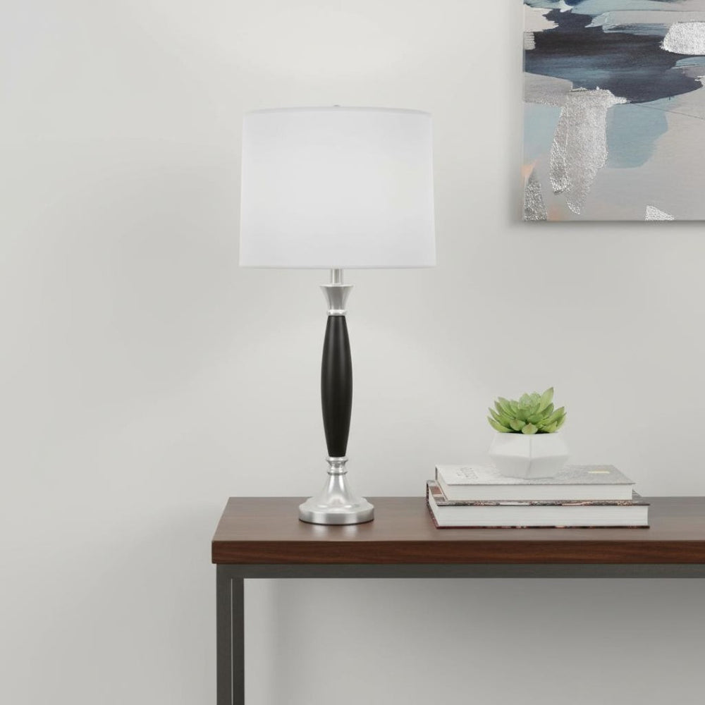 HomeRoots 30" Elegant Black Solid Wood Table Lamp with White Shade for Cozy Ambient Bedroom Lighting 468860