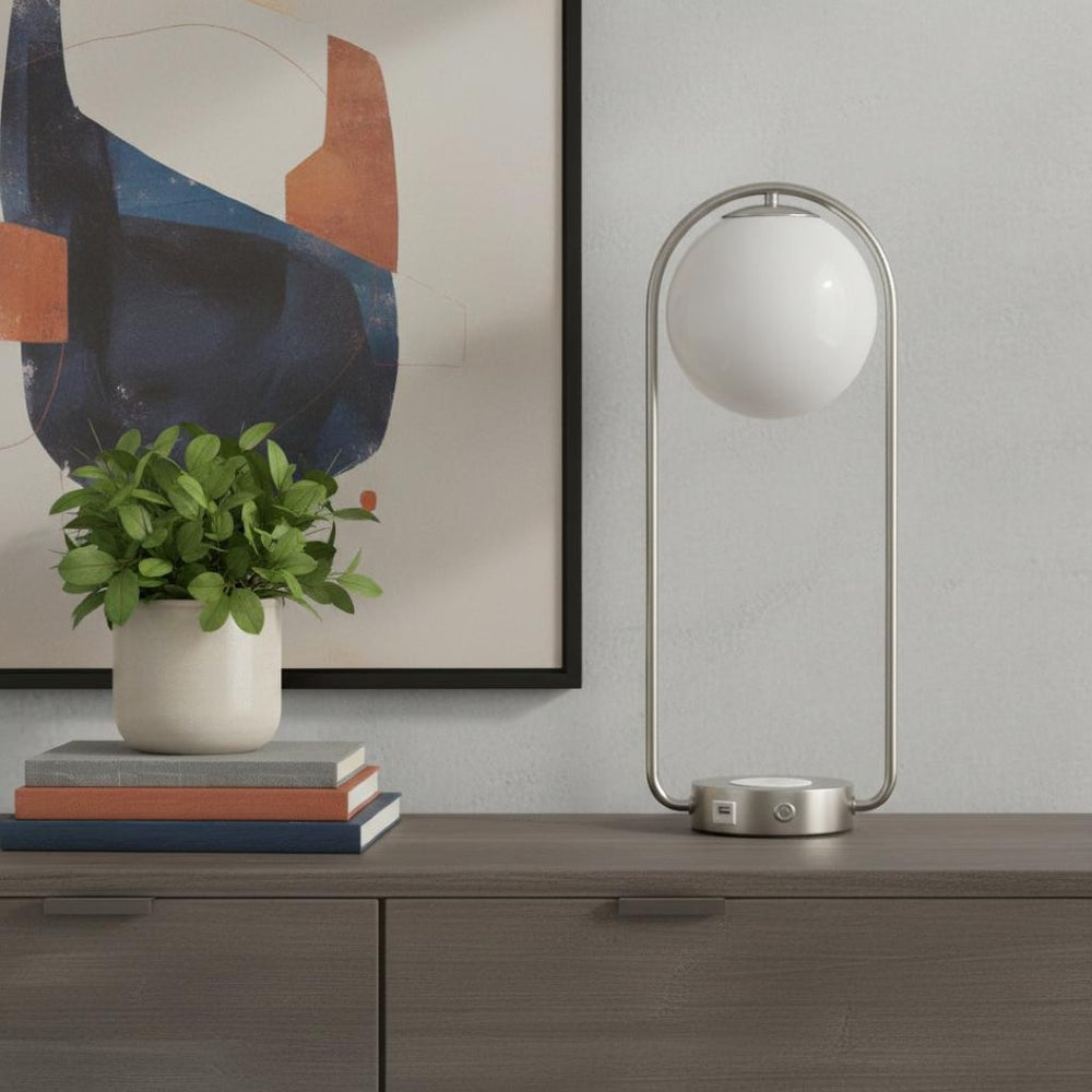 HomeRoots 19" Silver Clip Globe USB Table Lamp - Modern Design with Integrated Charging Station for Home & Office 468865