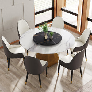 English Elm 59.05" Round Marble Dining Table With Metal Base, Seats 6-8, Stylish Black & White Finish, Turntable W1535S00373