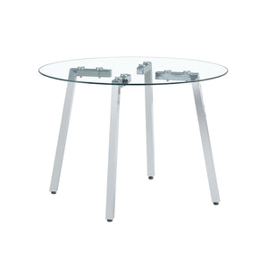 English Elm Modern circular tempered glass dining table with silver metal legs, minimalist clear top for airy spaces W1512P371582