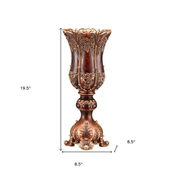 Homeroots 20" Brown And Red Floral Urn Polyresin Table Vase With Sculptural Details  Polyresin 468933