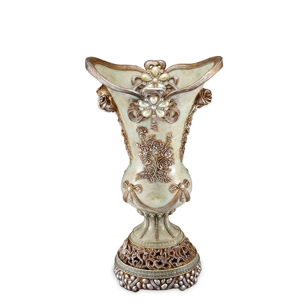 Homeroots 16" Green Bronze And Silver Floral Trumpet Polyresin Table Vase With Stones  Polyresin 468935