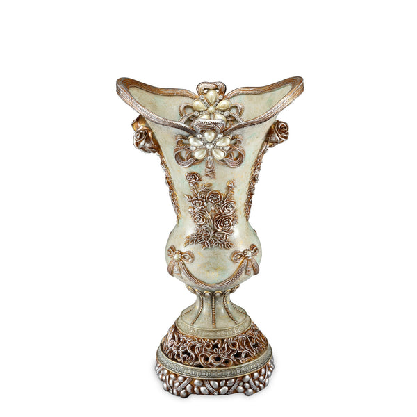 Homeroots 16" Green Bronze And Silver Floral Trumpet Polyresin Table Vase With Stones  Polyresin 468935