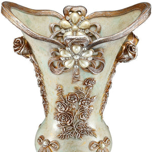 Homeroots 16" Green Bronze And Silver Floral Trumpet Polyresin Table Vase With Stones  Polyresin 468935