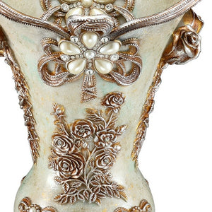 Homeroots 16" Green Bronze And Silver Floral Trumpet Polyresin Table Vase With Stones  Polyresin 468935