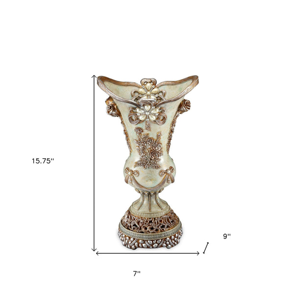 Homeroots 16" Green Bronze And Silver Floral Trumpet Polyresin Table Vase With Stones  Polyresin 468935
