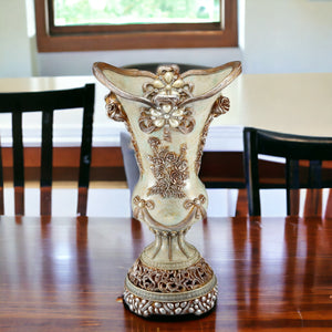 Homeroots 16" Green Bronze And Silver Floral Trumpet Polyresin Table Vase With Stones  Polyresin 468935