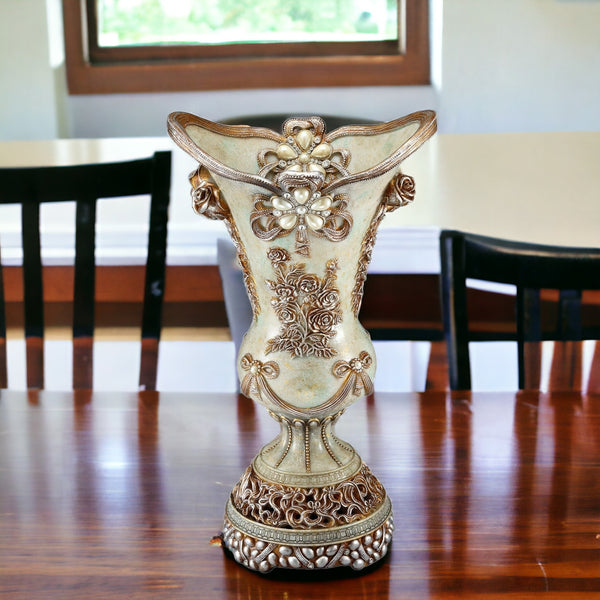 Homeroots 16" Green Bronze And Silver Floral Trumpet Polyresin Table Vase With Stones  Polyresin 468935